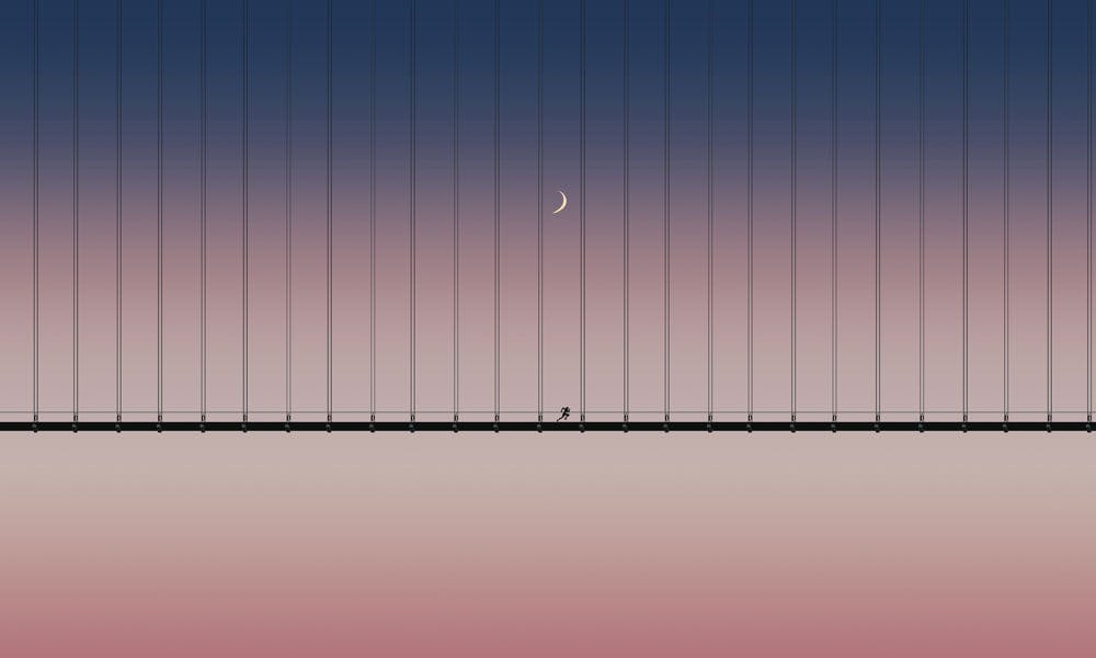 Serene Dusky Bridge Mural Wallpaper - Elegant Gradient in Blue and Pink