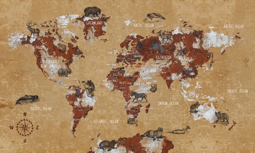 Vintage Earth Tones World Map Mural Wallpaper with Animal Illustrations