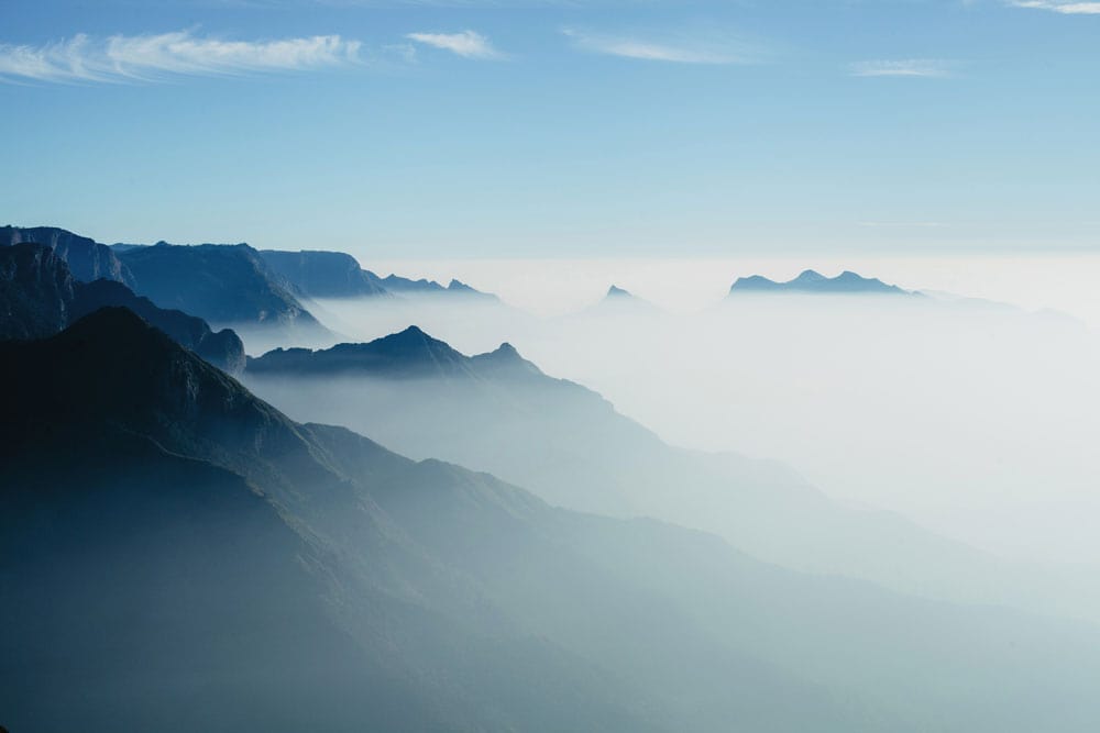 Tranquil Blue Mountain Landscape Mural Wallpaper, Nature Inspired Home Decor