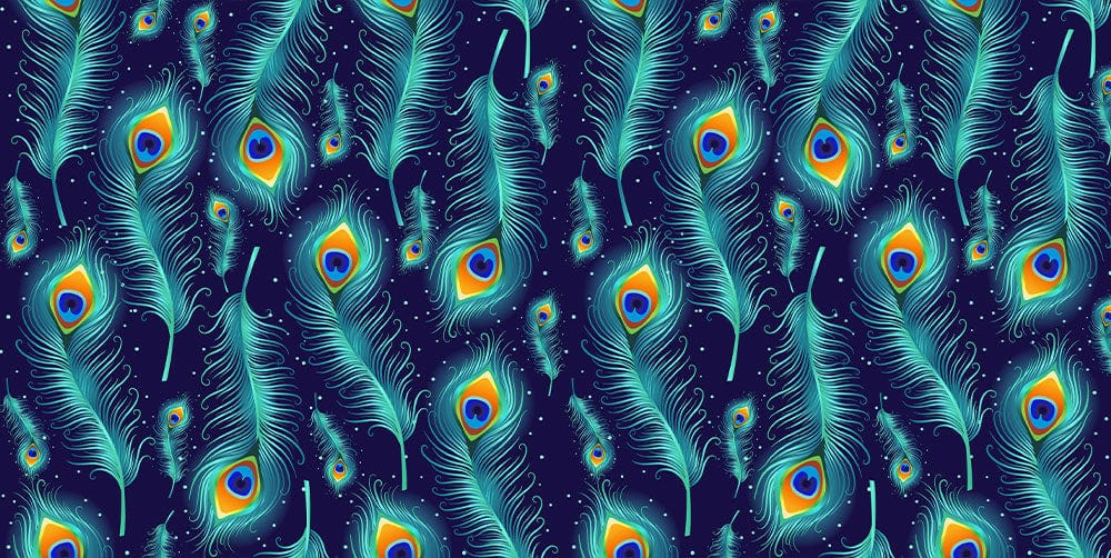 Exotic Peacock Feather Patterned Wallpaper in Vibrant Teal and Royal Blue
