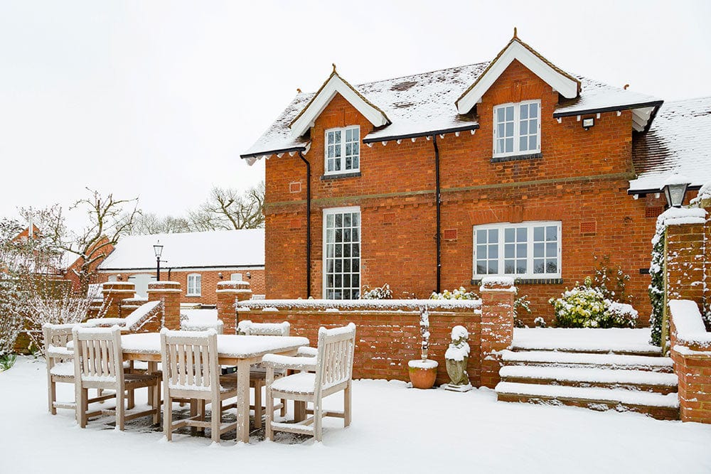 Snowy English Countryside Brick House Winter Scene Mural Wallpaper