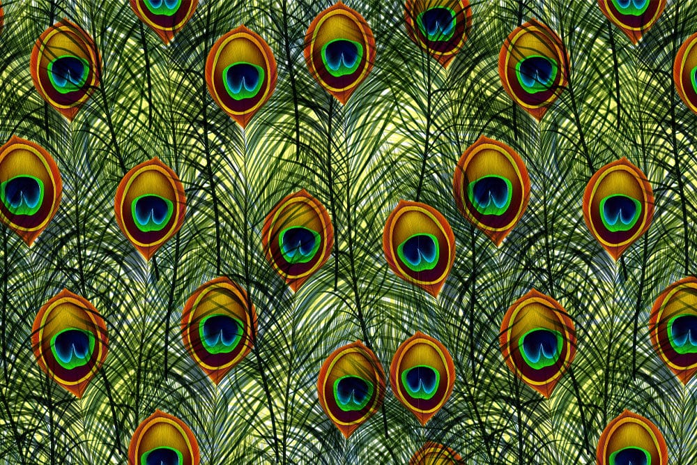 Vibrant Peacock Feather Pattern Wallpaper - Rich Green and Gold Elegance