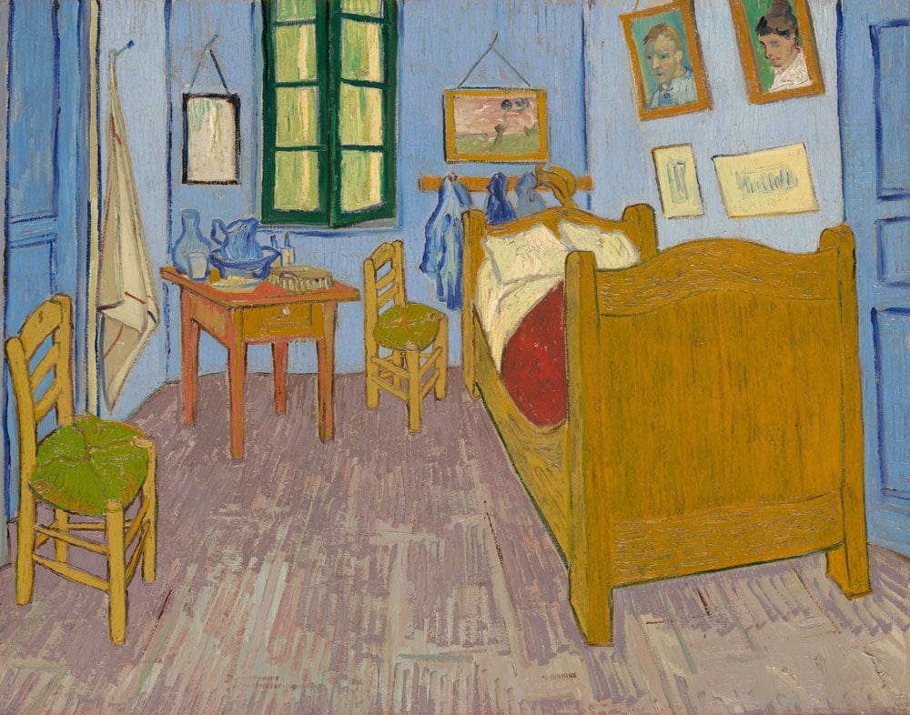 Vincent-Inspired Blue Bedroom Art Mural Wallpaper with Rustic Charm