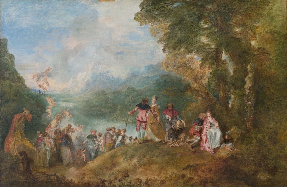 Romantic Pastoral Landscape Wallpaper Mural with Elegant Green and Blue Tones