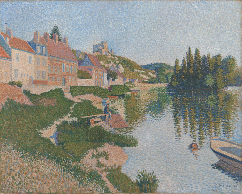Serene Impressionist Riverside Village Scenic Mural Wallpaper in Soft Pastel Hues
