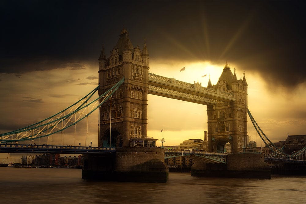 Vintage Sunset London Bridge Scenic Mural Wallpaper in Warm Tones