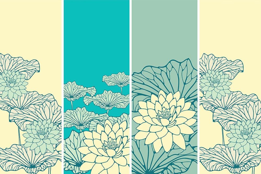 Elegant Teal and Yellow Lotus Floral Mural Wallpaper, Contemporary Botanical Design