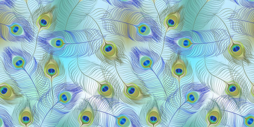Elegant Blue and Green Peacock Feather Patterned Mural Wallpaper Design.