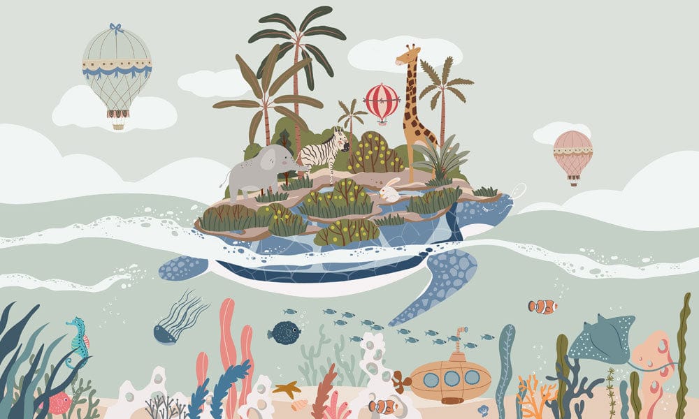 Whimsical Wildlife Nautical Adventure Kids' Wallpaper Mural - Pastel Colours