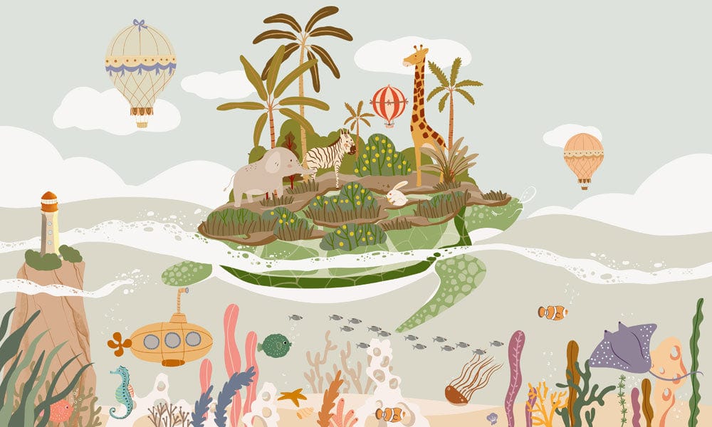 Whimsical Safari Adventure Mural Wallpaper: Colourful Tropical Jungle Animal Fantasy