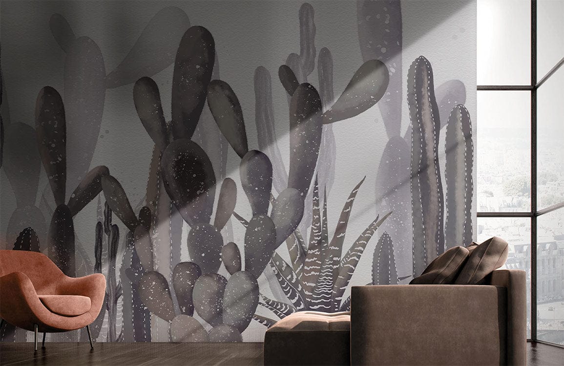 Desert Oasis Grey Cactus Mural Wallpaper in modern living room with brown sofa and wooden flooring.
