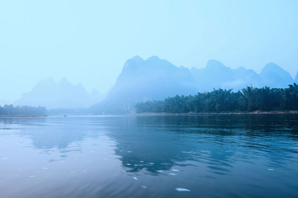 Tranquil Misty Blue Mountain Landscape Scenic Wallpaper Mural - Serene Decor