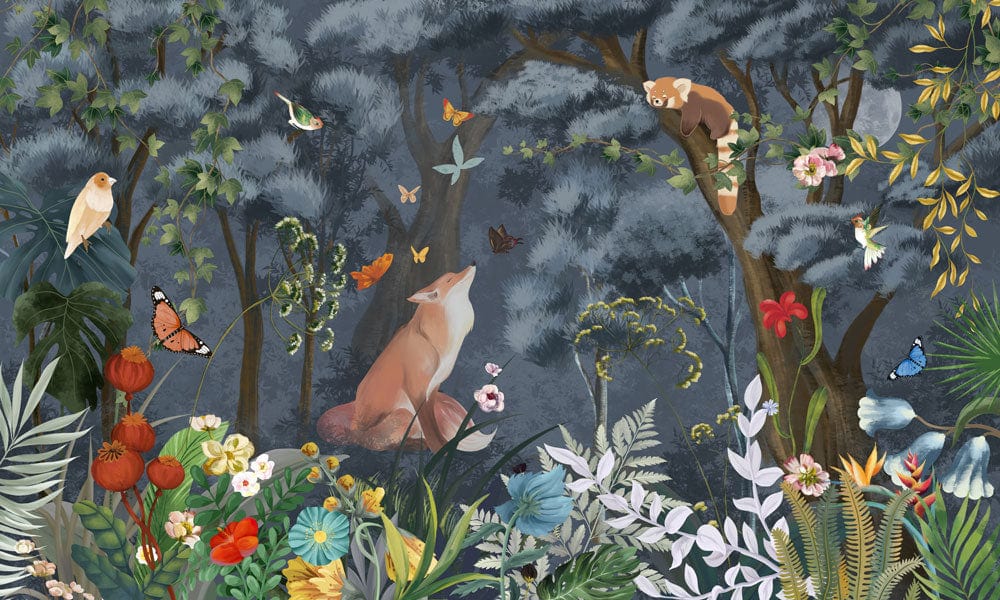 Enchanting Woodland Creatures Mural Wallpaper with Lush Floral Design in Dark Hues.