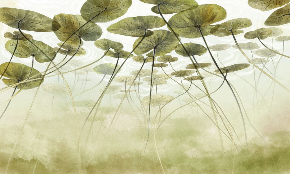 Serene Lotus Pond Mural Wallpaper in Green Watercolour Aesthetic Design