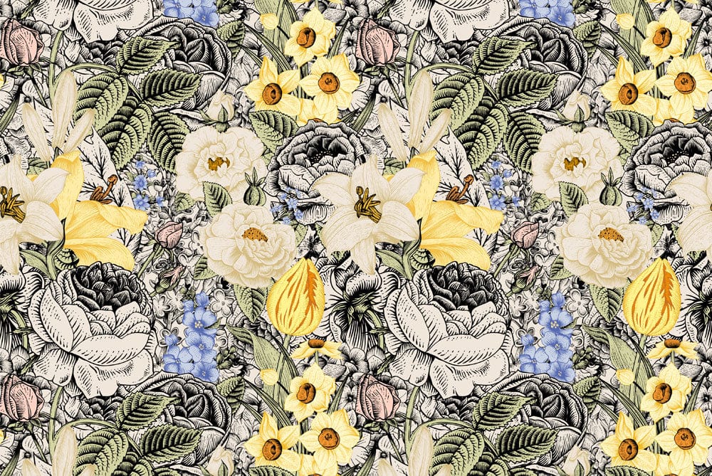 Vintage Floral Garden Wallpaper: Yellow and Blue Botanical Elegance Design