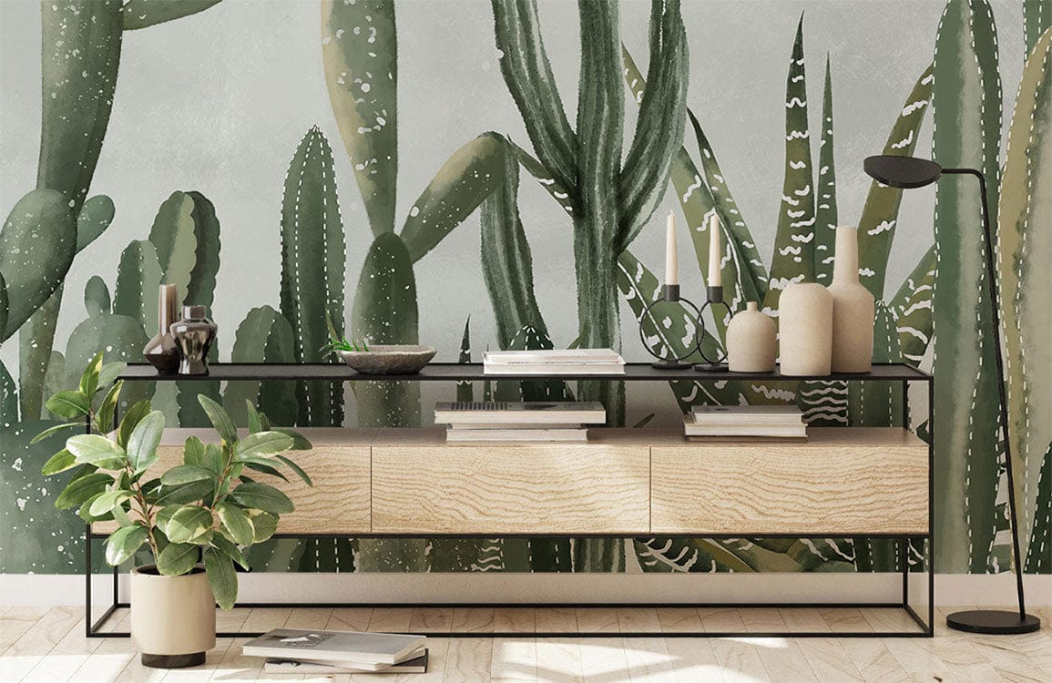 Elegant Green Cactus Mural covering living room wall; light wood console, light flooring, modern decor.
