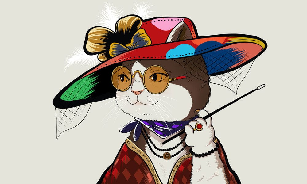 Chic Cat in Colourful Hat Vintage Style Mural Wallpaper Design