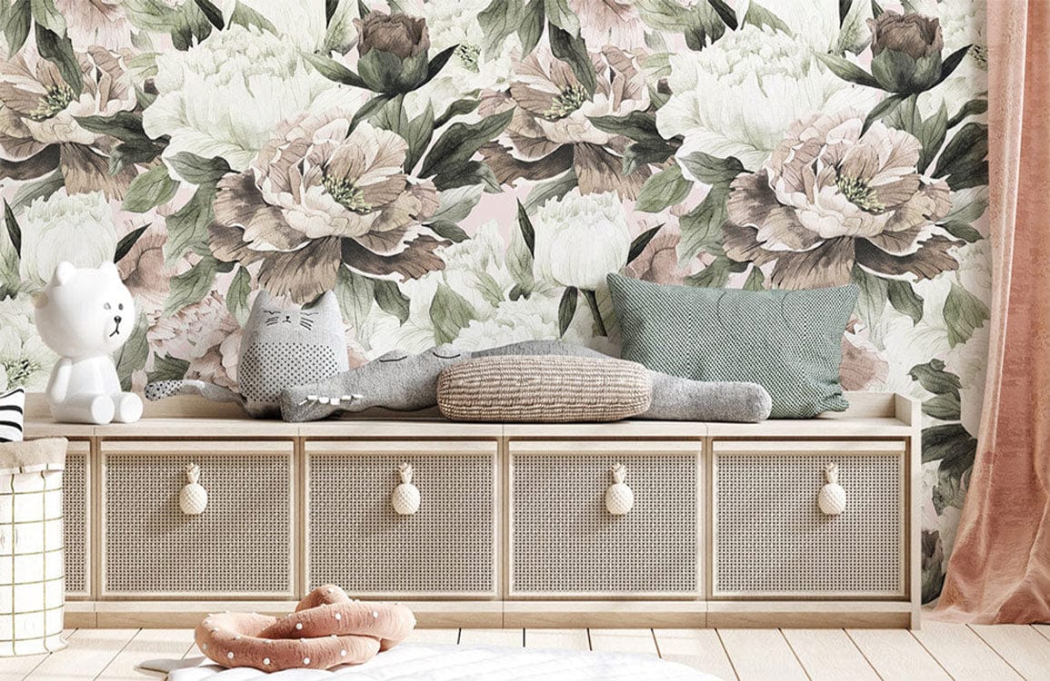 Flowered Mural Wall Paper for Hallway Decoration in White and Neutral Colors