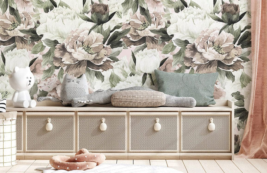 Vintage floral mural wallpaper in pastel, nursery setting; wicker bench with cushions; light wood flooring.