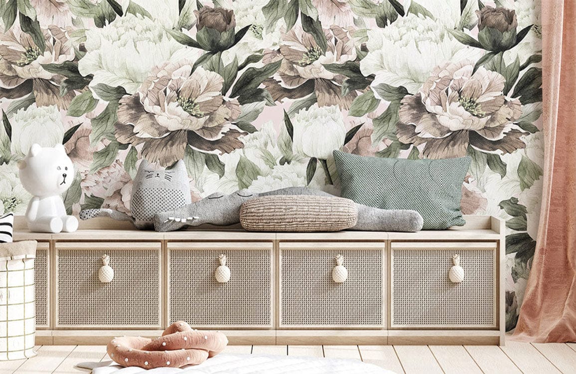 Vintage floral mural wallpaper in pastel, nursery setting; wicker bench with cushions; light wood flooring.