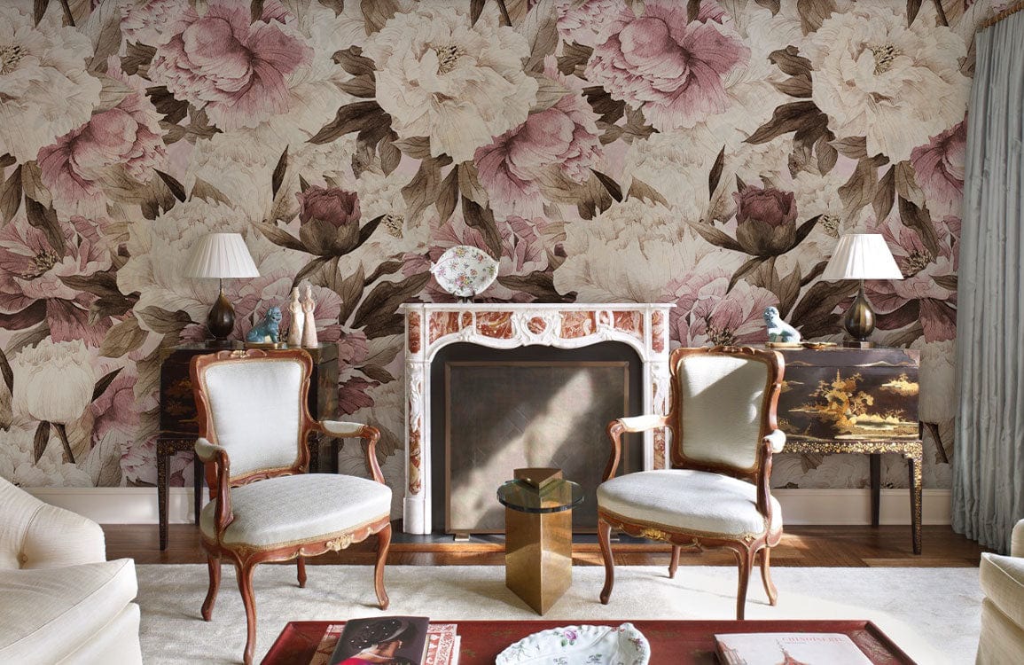 Vintage floral wallpaper with blush peonies in elegant living room, featuring classic chairs and fireplace.
