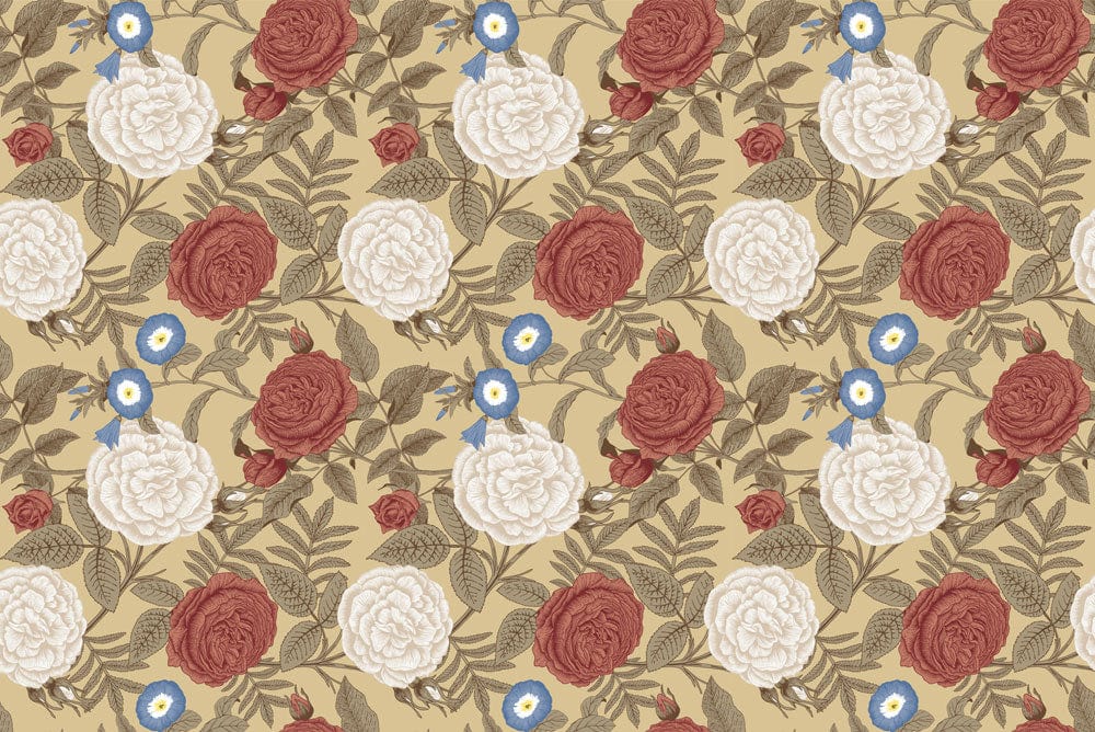 Victorian Floral Design Wallpaper: Vintage Red, White Roses on Beige Background