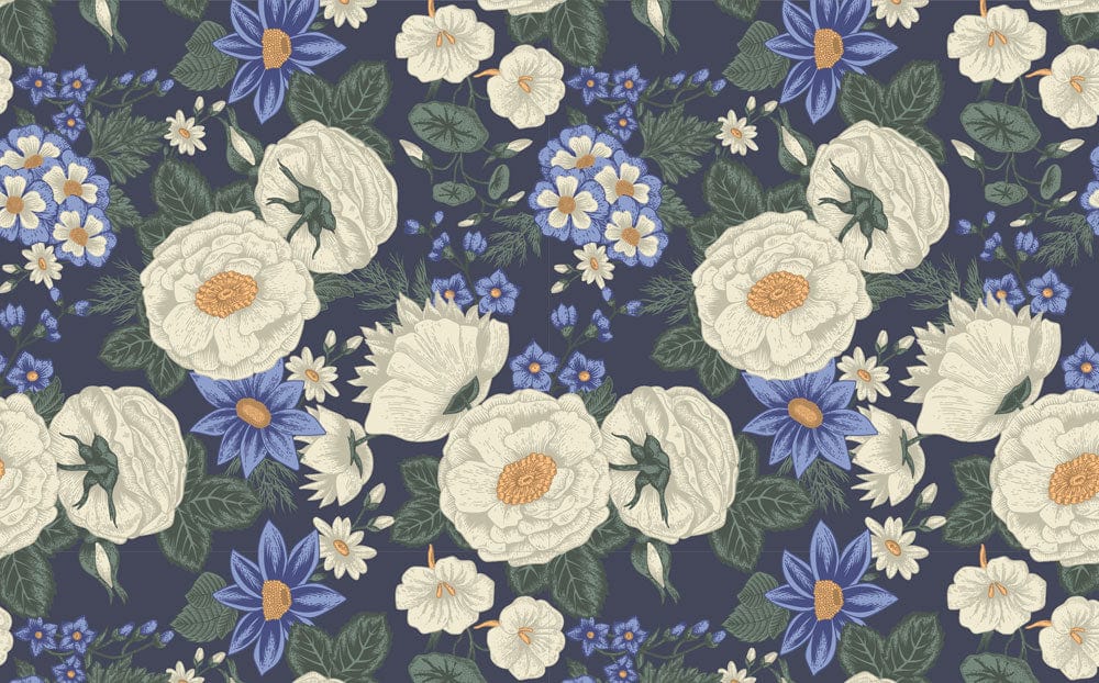 Midnight Blue Floral Elegance: Vintage Botanical Wallpaper with Cream Blooms