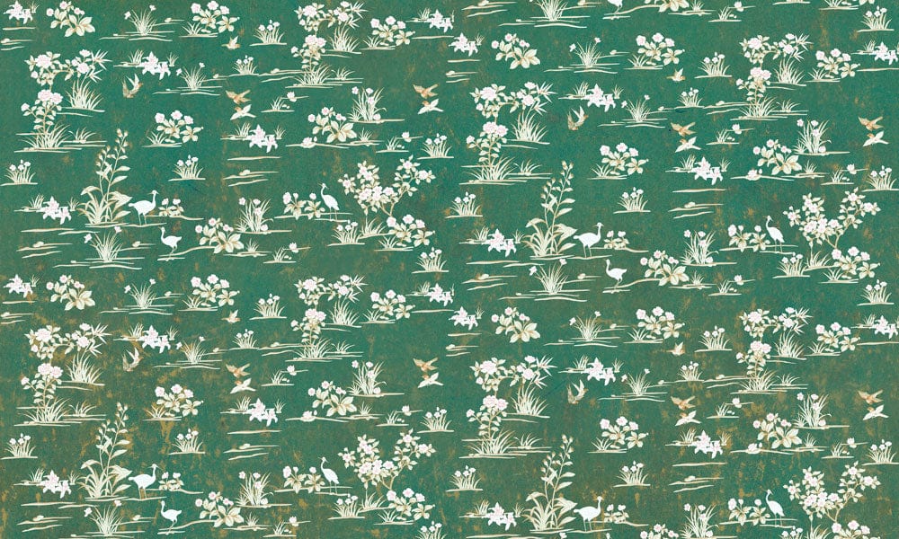 Vintage Green Floral Serenity Wallpaper: Nature-Inspired Repeated Pattern Design Decor.