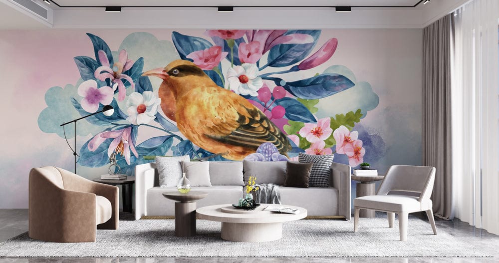 Floral Bird Paradise Mural Wallpaper in pastel watercolour design, modern living room with beige furniture.