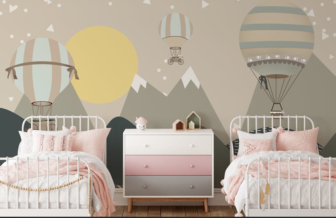 Vintage hot air balloon mural in pastels, twin beds, pink bedding, nursery setting, wooden flooring.