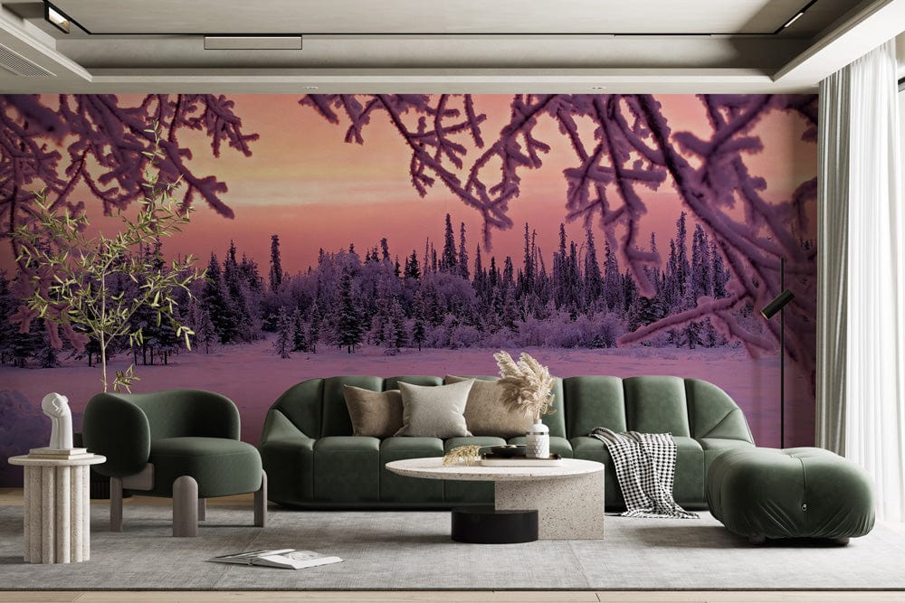 Elegant Frosted Winter Scene wallpaper mural featuring a purple-pink landscape with green sofas in living room.