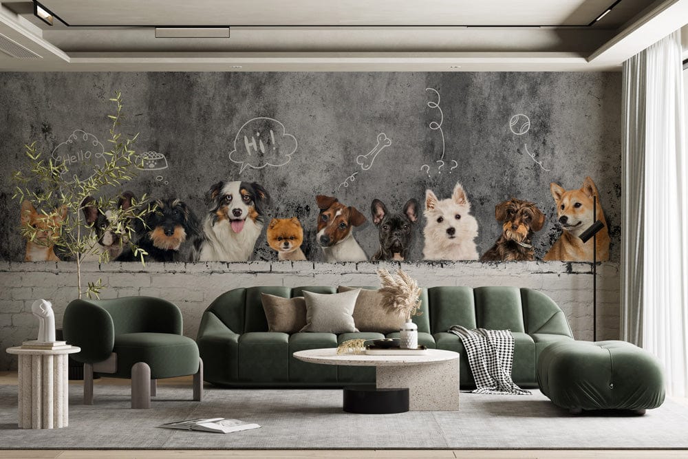 Charming Dogs Mural Wallpaper with chalkboard effect, green sofa, concrete floor, modern living room.