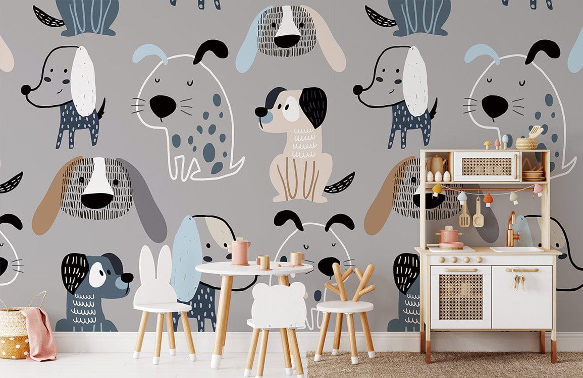 Neutral Bulldog & Sausage Dog Pattern Pet Wallpaper Mural Kids Room