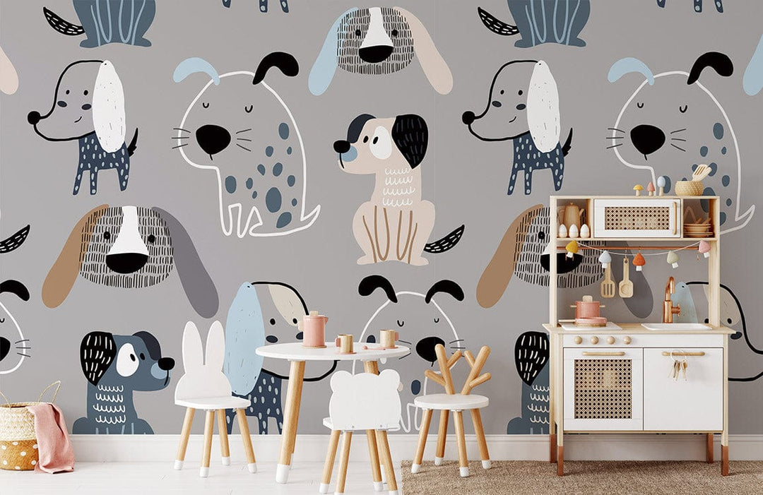 Whimsical dog pattern wallpaper in grey, playful children's room decor with wooden furniture and toys.