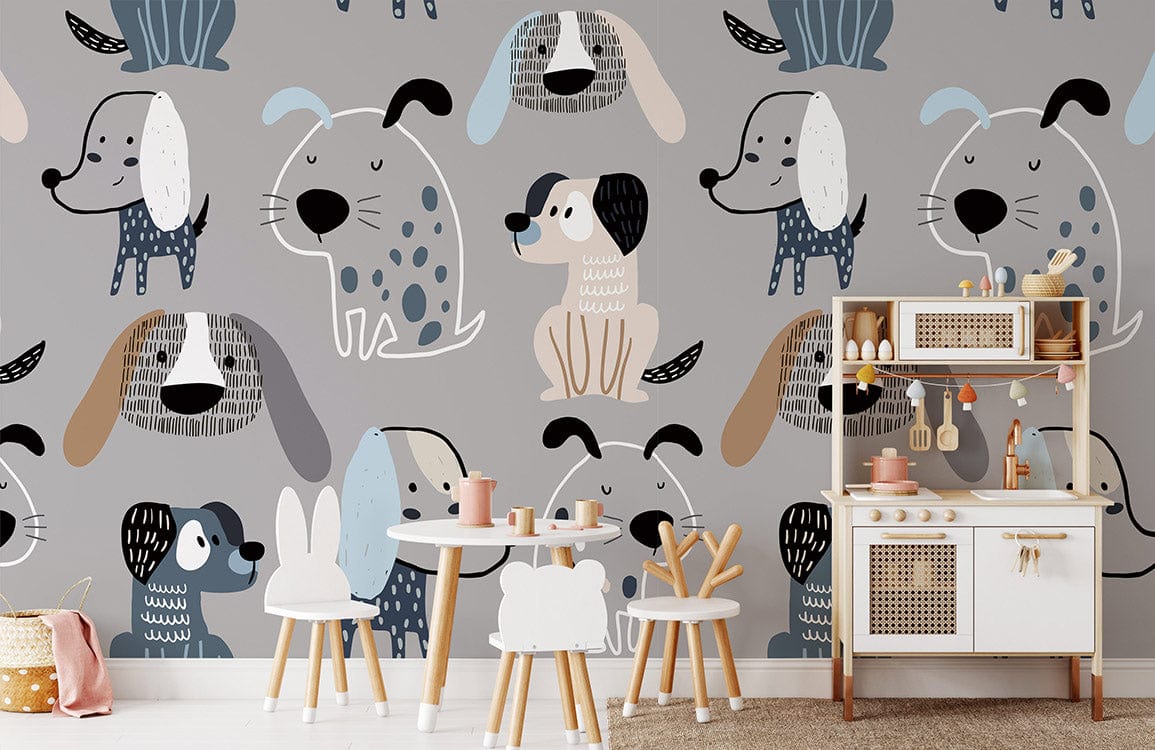 Whimsical dog pattern wallpaper in grey, playful children's room decor with wooden furniture and toys.
