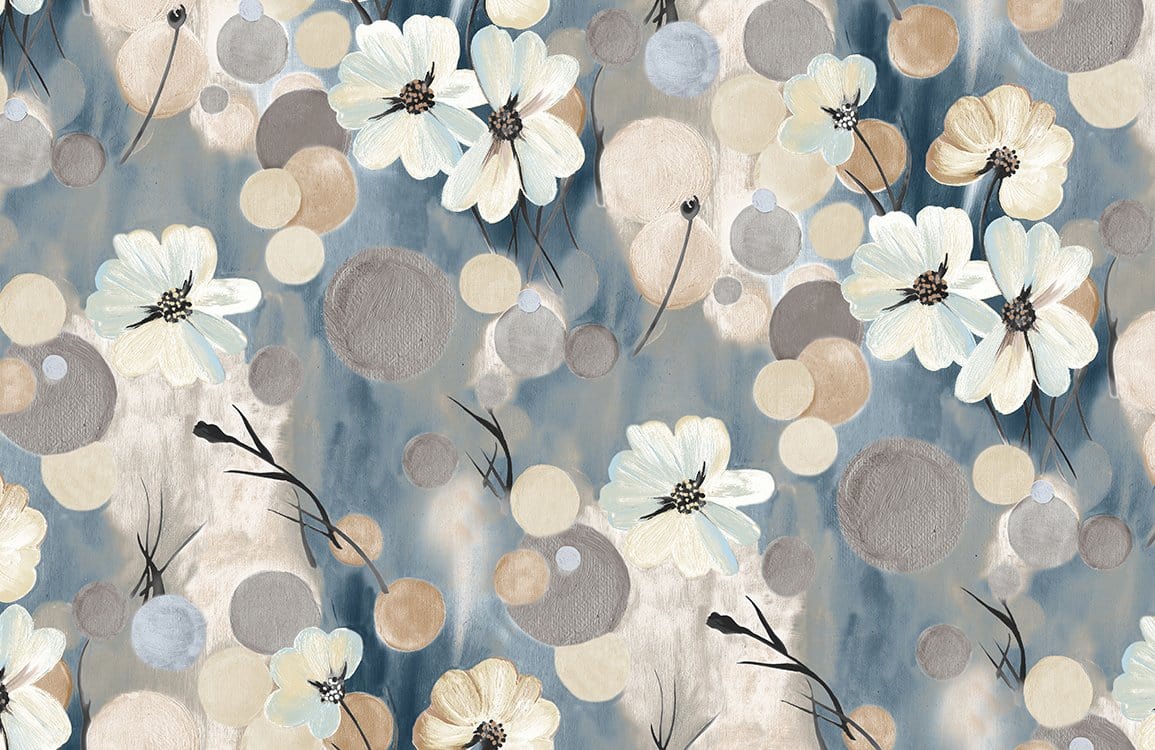 Elegant Floral and Geometric Patterned Wallpaper in Soft Blue and Beige Tones