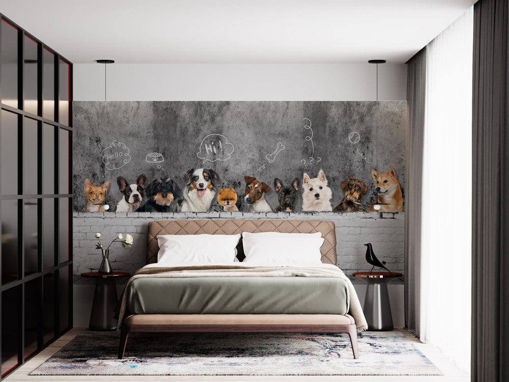 Charming Dogs mural wallpaper in bedroom, chalkboard effect, modern bed, grey walls, minimalist decor.