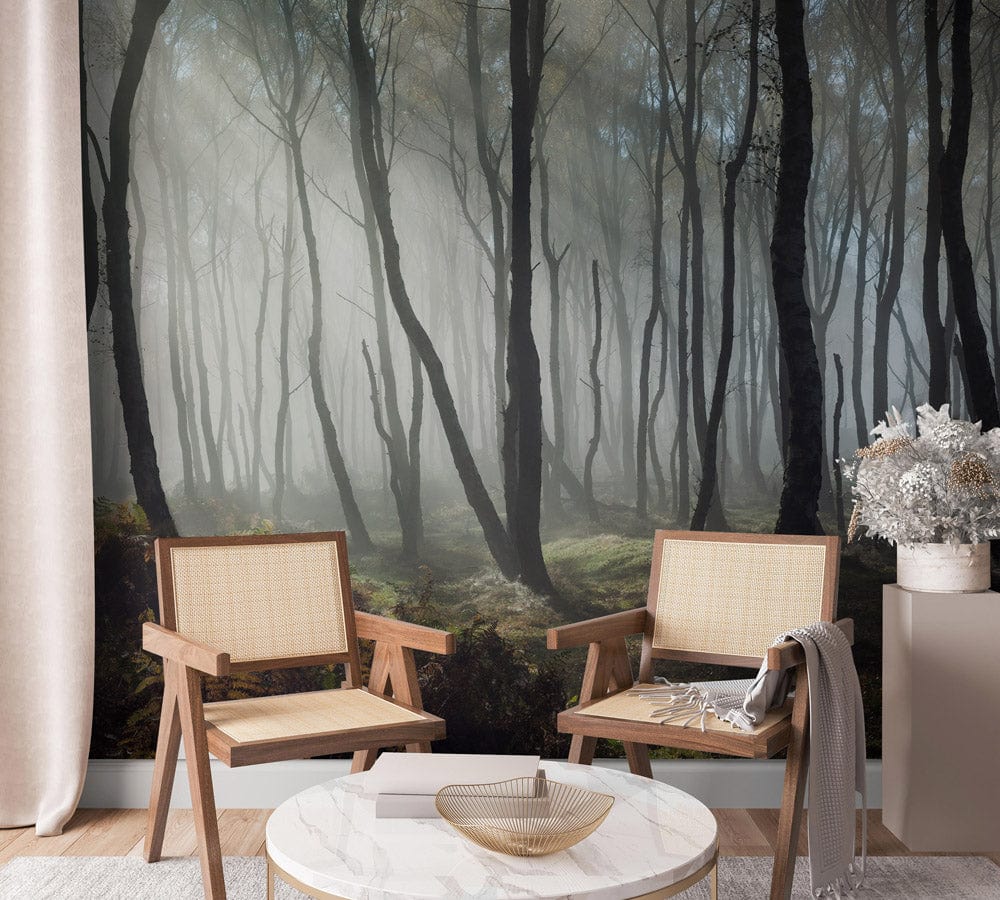 Misty Enchanted Forest Scene Mural Wallpaper, earthy tones; cosy seating, wooden floor, serene living room.