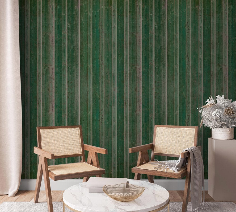 Vintage green striped marble wallpaper with wooden chairs and marble table in stylish living room.