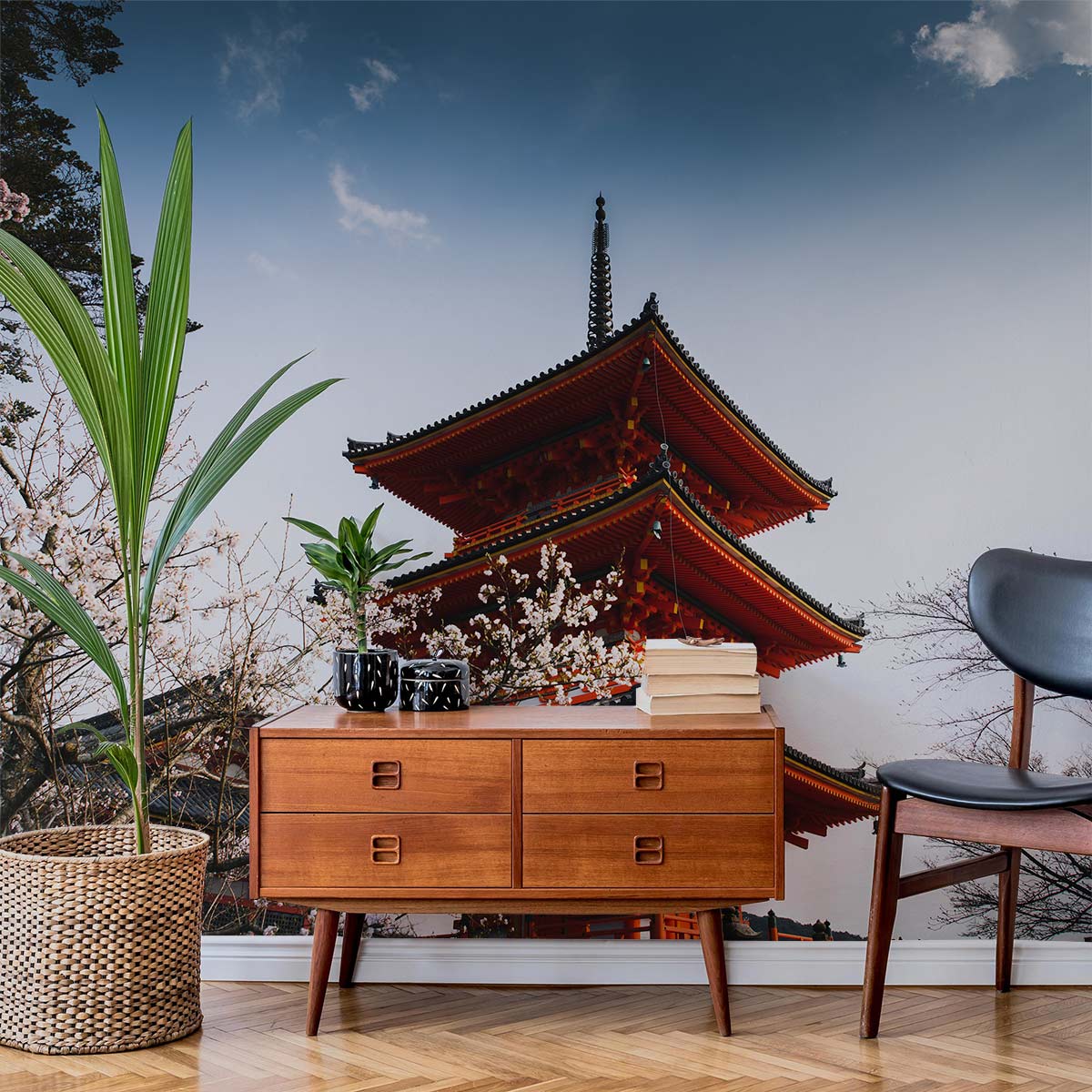 Serene Japanese Pagoda Landscape Mural Wallpaper in lounge, wooden sideboard, black chair, wooden flooring.