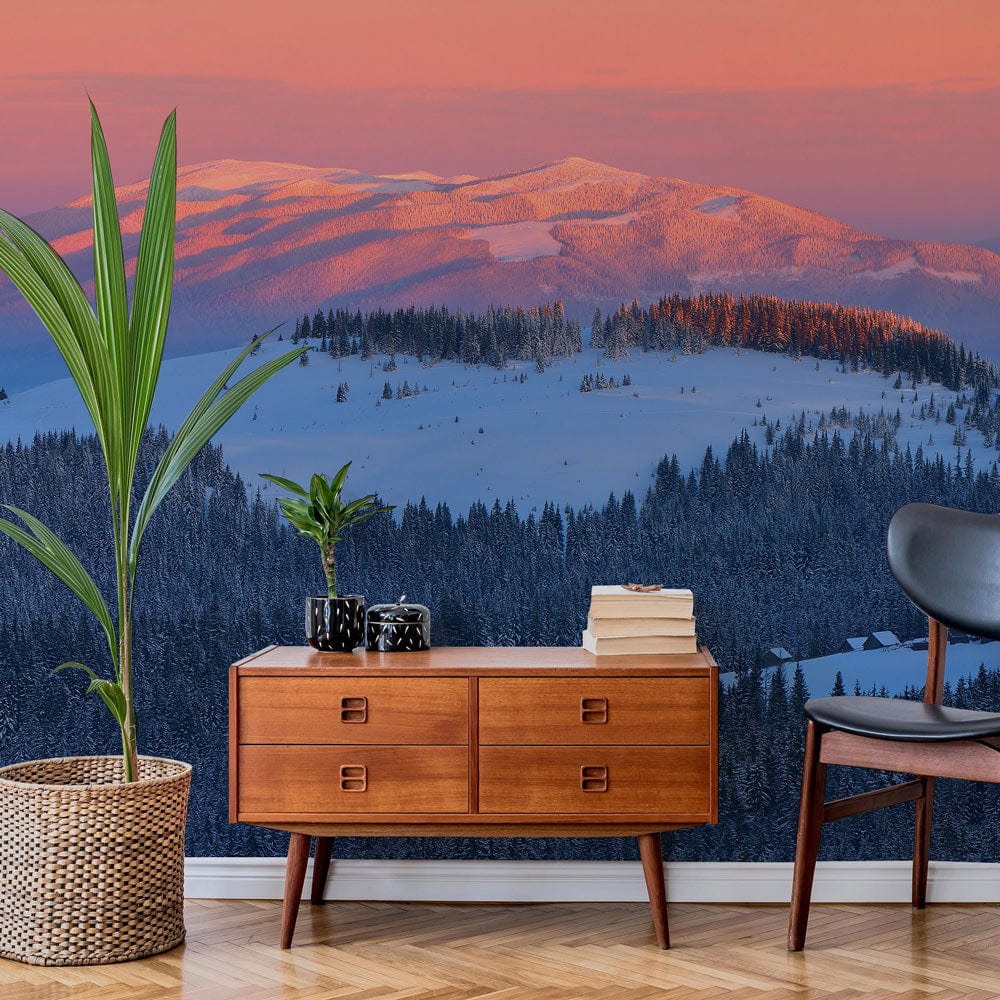 Sunset Mountain Serenity mural in soft pink, blue tones; living room with mid-century sideboard, parquet flooring.