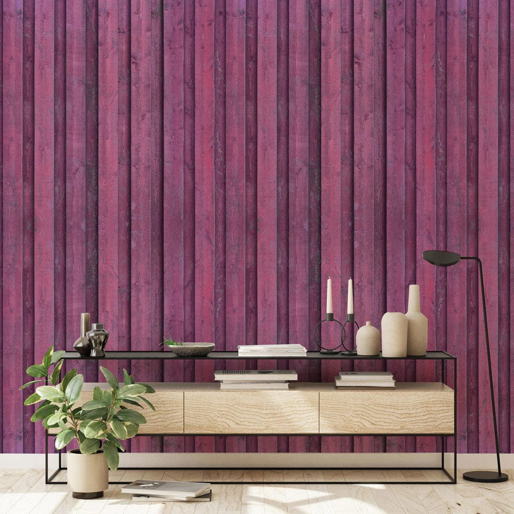 Vintage Plum Wooden Panel Wallpaper in living room with modern console table, floor lamp, and plant.