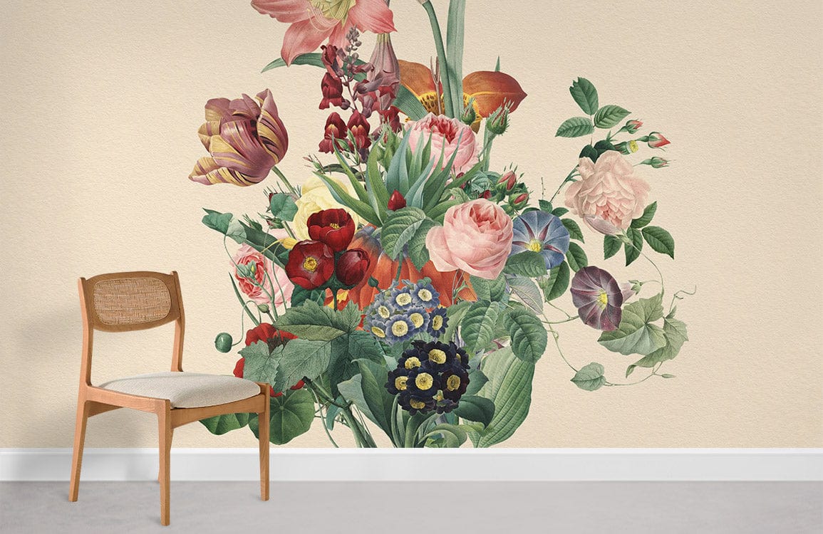 Vintage botanical mural wallpaper with elegant pastel blooms, cream background, cream chair, grey flooring.