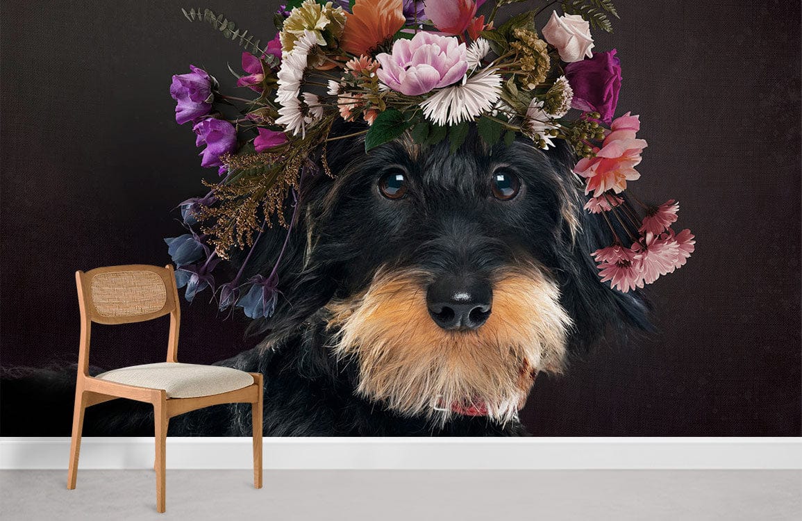 Whimsical Canine Floral Crown Mural Design in room with chair, grey flooring.