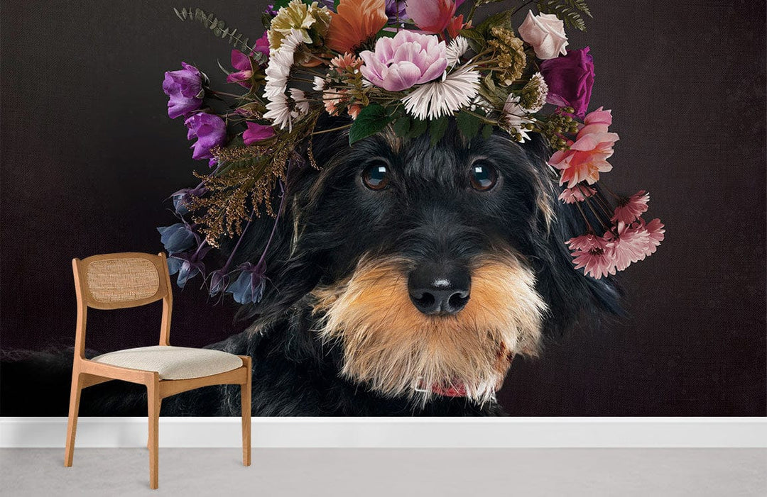 Whimsical Canine Floral Crown Mural Design in room with chair, grey flooring.