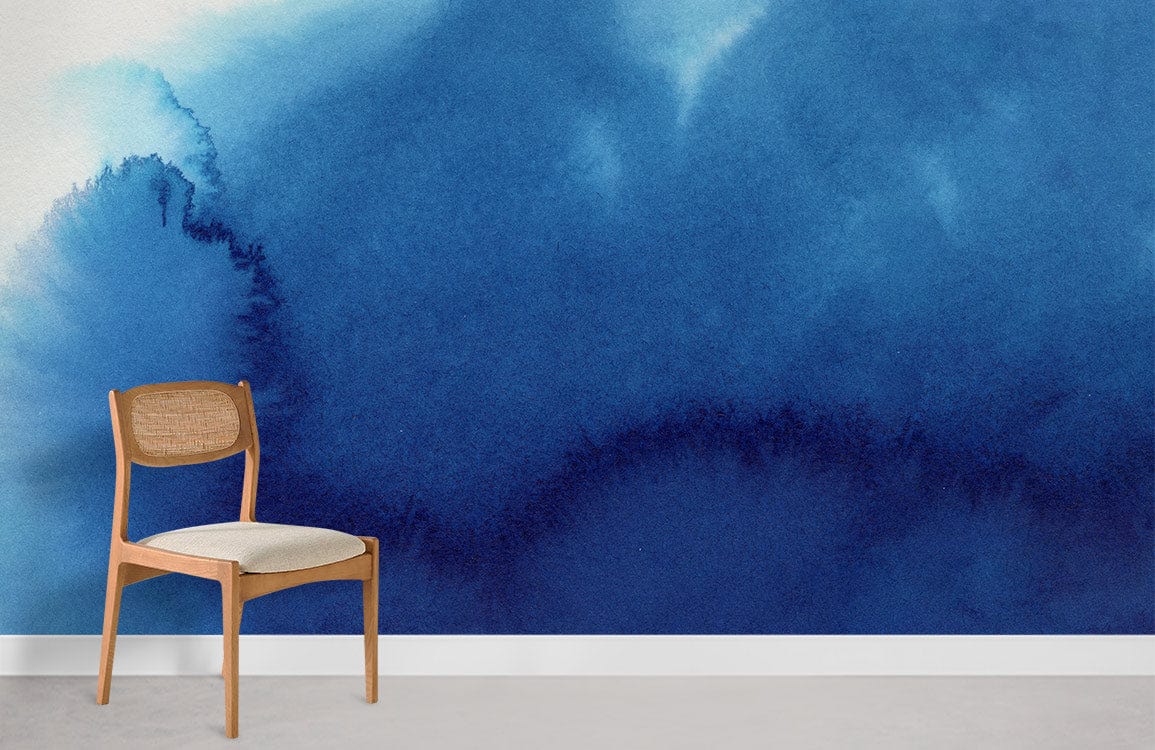 Deep Blue Watercolour Wash Wallpaper; tranquil modern space with wooden chair on grey flooring.