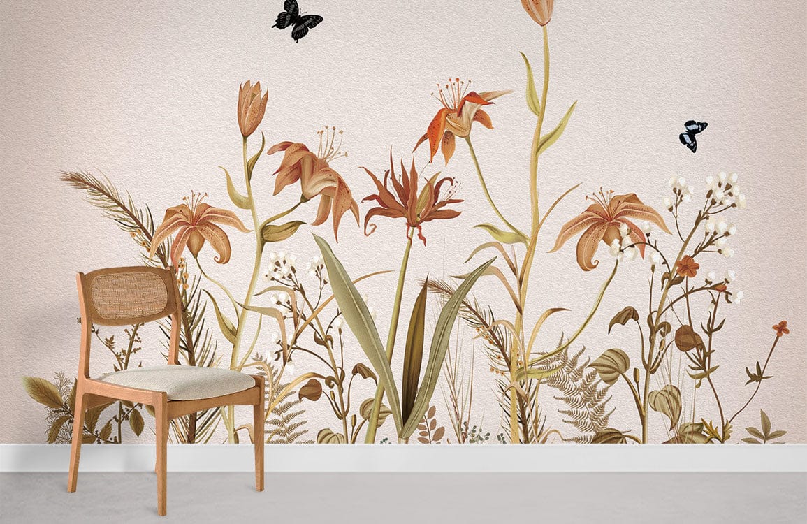 Vintage botanical floral wallpaper with earthy tones, butterflies, light wood chair, minimalistic room design.