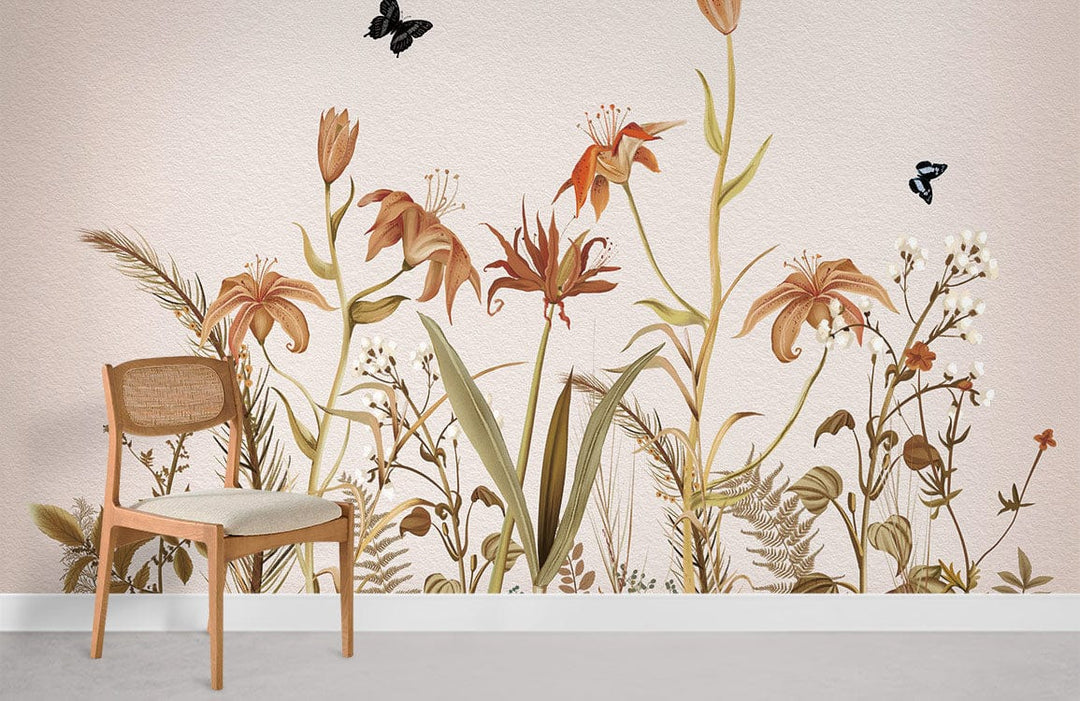 Vintage botanical floral wallpaper with earthy tones, butterflies, light wood chair, minimalistic room design.