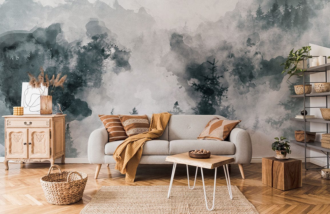 Elegant grey-green forest mural, cosy sofa, parquet floor, rustic cabinet, stylish room decor.