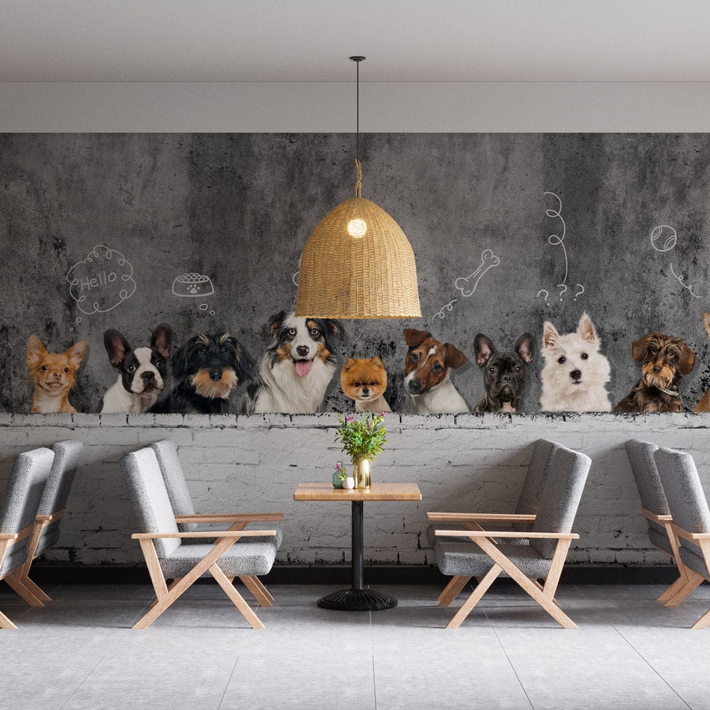 Charming Dogs Mural Wallpaper; Chalkboard Effect; grey wall; cosy chairs; pendant light; pet-themed decor.
